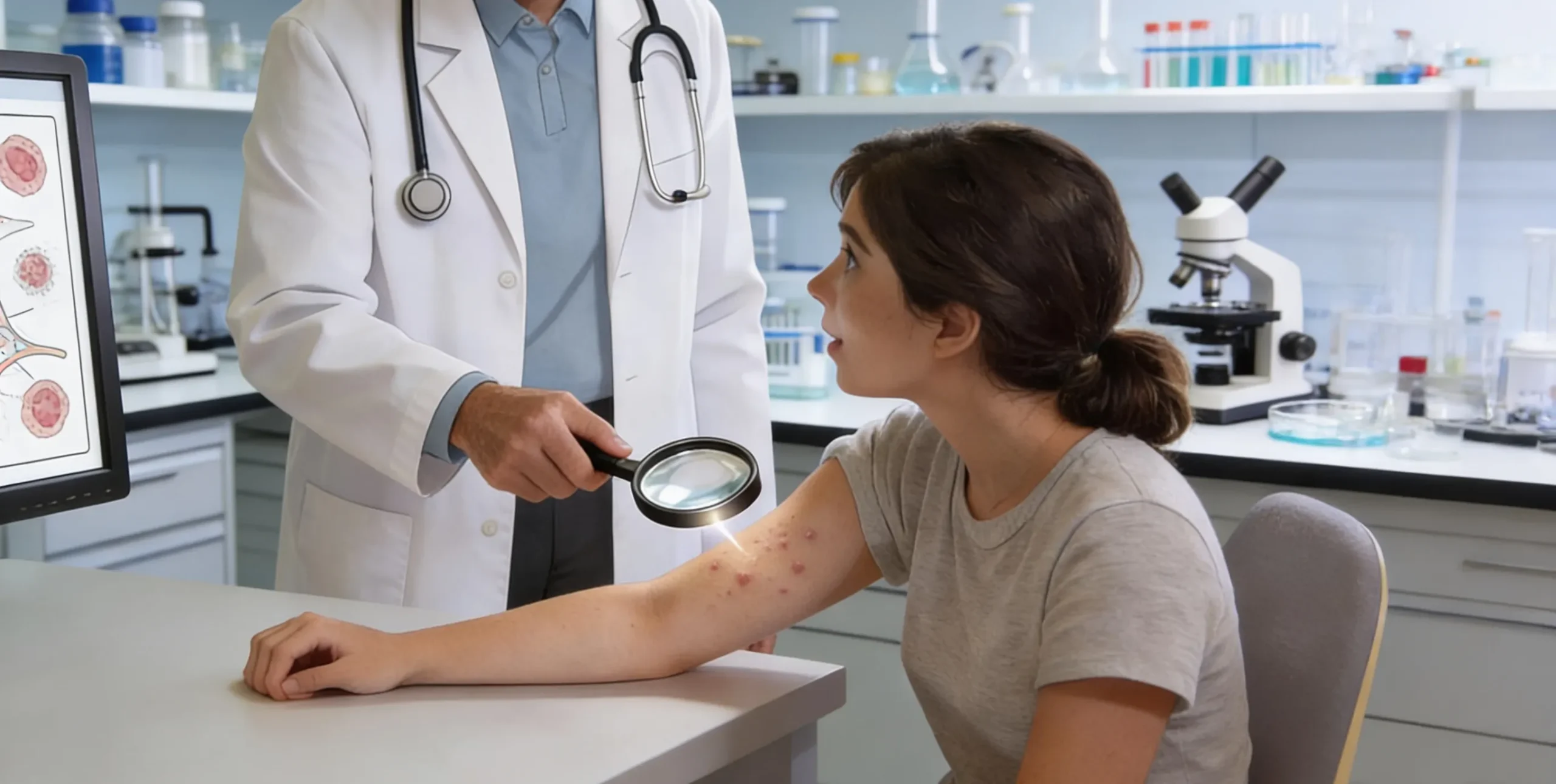 a clinician is explaining a skin concern to a patient