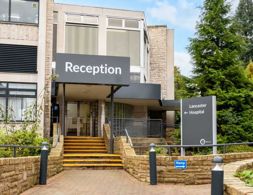 Lancaster Hospital reception entrance with clear signage.