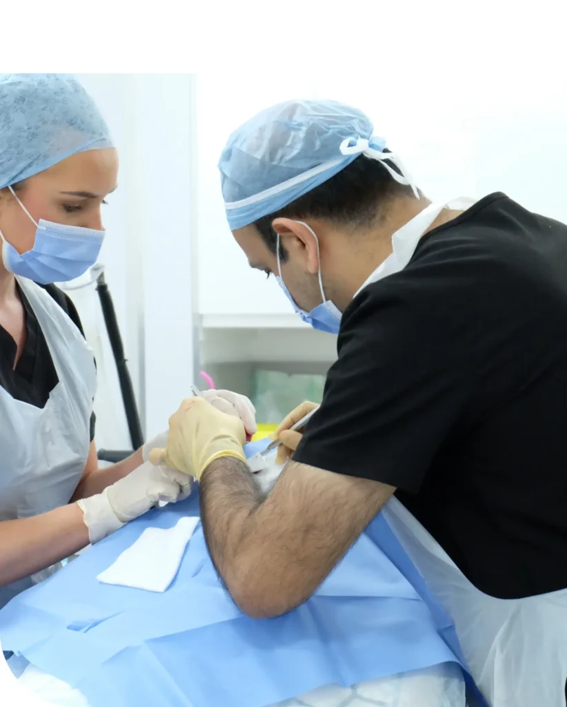 Two surgeons performing an operation in a clinical setting.